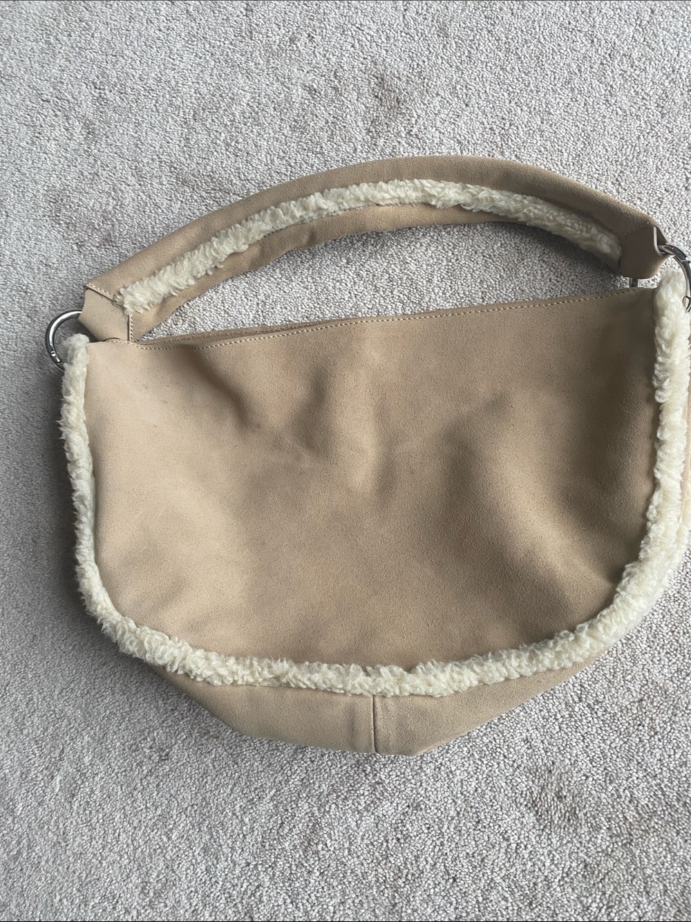 Zara Tan Leather Hobo Bag with Cream Shearling Trim